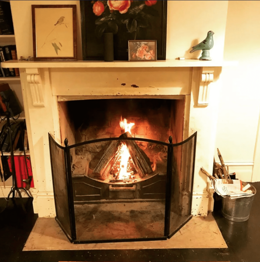 Image of front of an open fire place burning logs of wood at Trelawney Farm house, Bombira Mudgee. A white mantle piece above features artwork of flowers. 